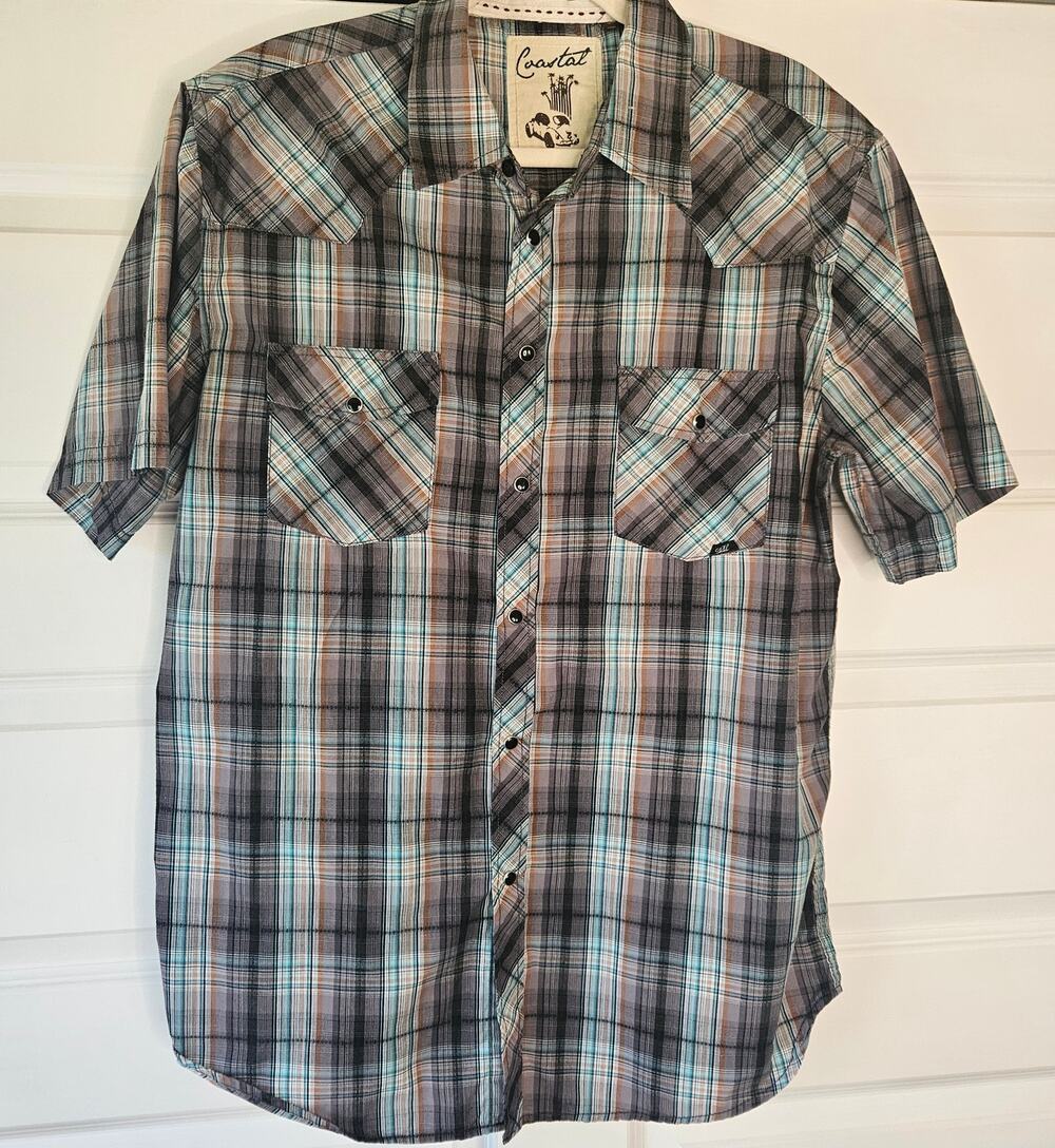 Coastal Men's XL Plaid Western Short Sleeve Pearl Snap Shirt Gray Blue Black